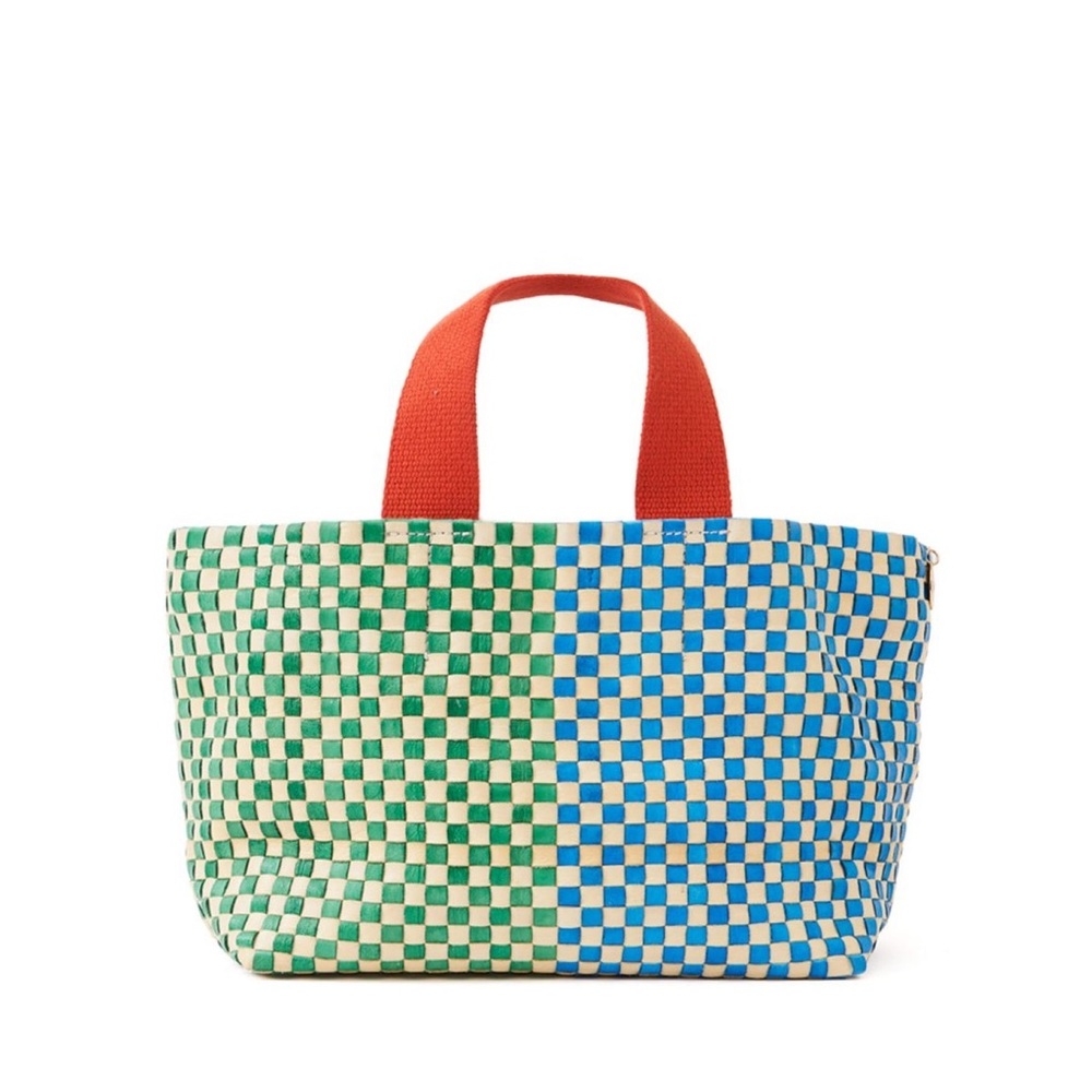 Clare V Two-Tone Green & Blue Woven Tote with Red Handles